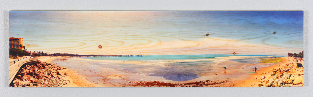 Panoramic Ventura Beach Pier printed on natural pine wood.