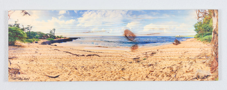 Panoramic Turtle Bay Hawaii printed on natural pine wood.