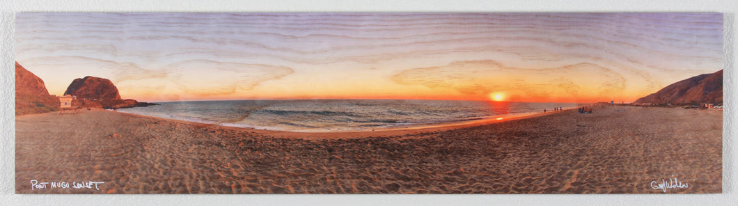Panoramic Point Mugu Beach Sunset printed on natural pine wood.
