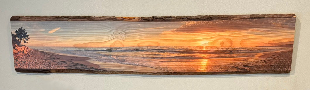 Rincon Surfing Beach printed on live edge wood.