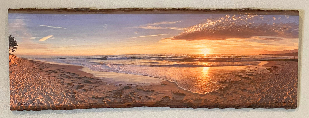 Rincon surfing beach Ventura printed on live edge wood.