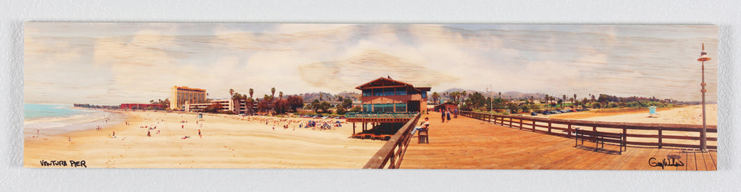Panoramic Ventura Pier printed on natural pine wood.