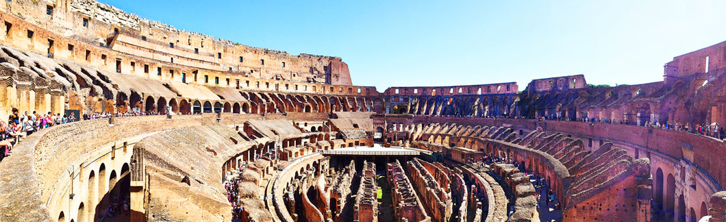 Panoramic Roman Colosseum printed on natural pine wood.