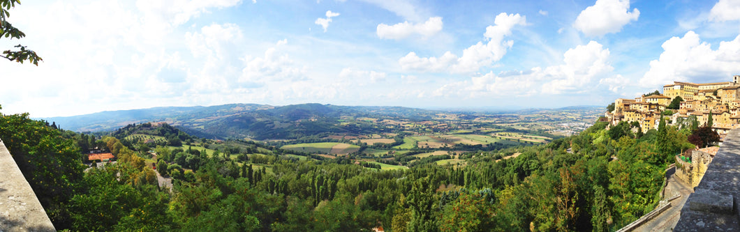 Panoramic Italy countryside printed on natural pine wood.