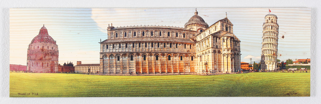 Panoramic Leaning Tower of Pisa printed on natural pine wood.