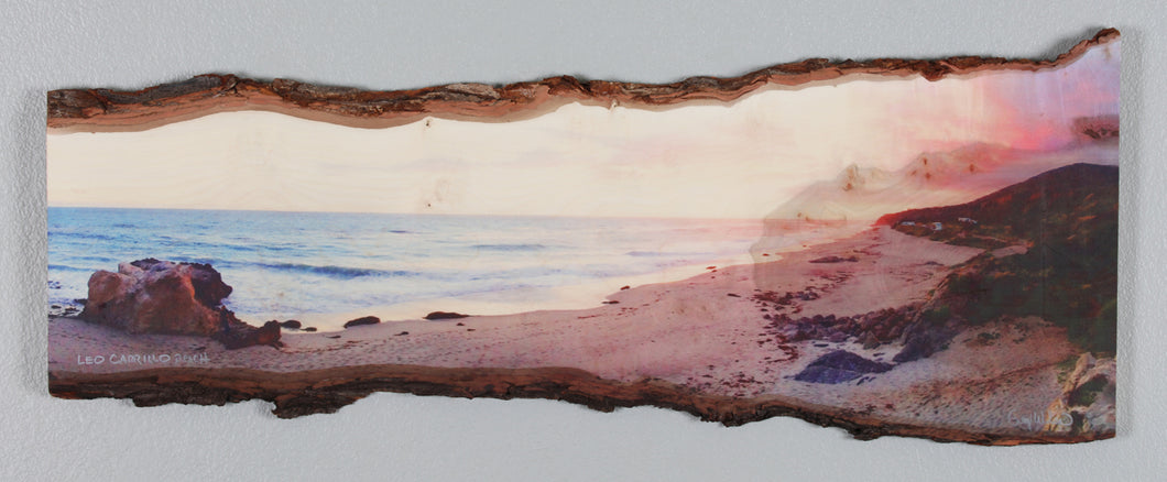 Panoramic Leo Carrillo Beach at sunset printed on live edge.