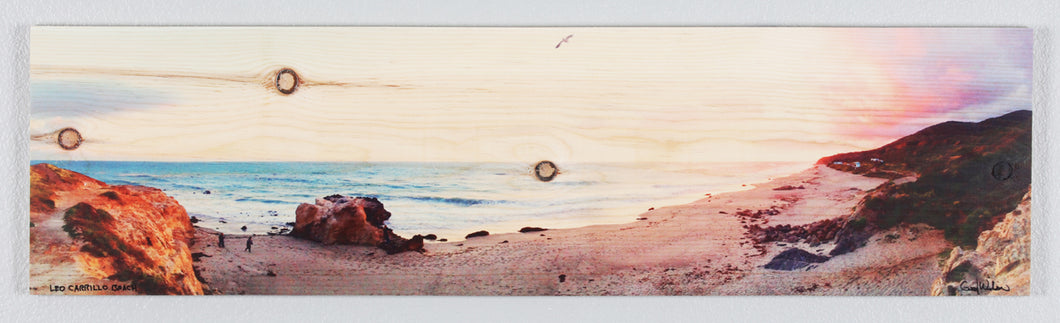 Panoramic Leo Carrillo Beach printed on natural pine wood.