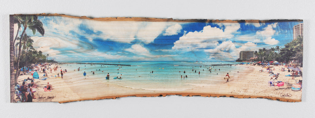 Panoramic Waikiki Beach printed on live edge.