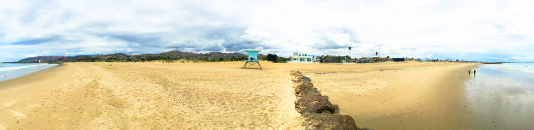 Panoramic San Buenaventura Beach Boardwalk printed on natural pine wood