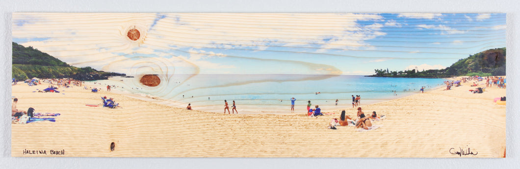 Panoramic Waimea Bay North Shore Printed on natural pine wood