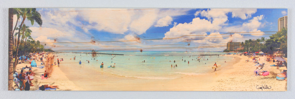Panoramic Waikiki Beach printed on natural pine wood.